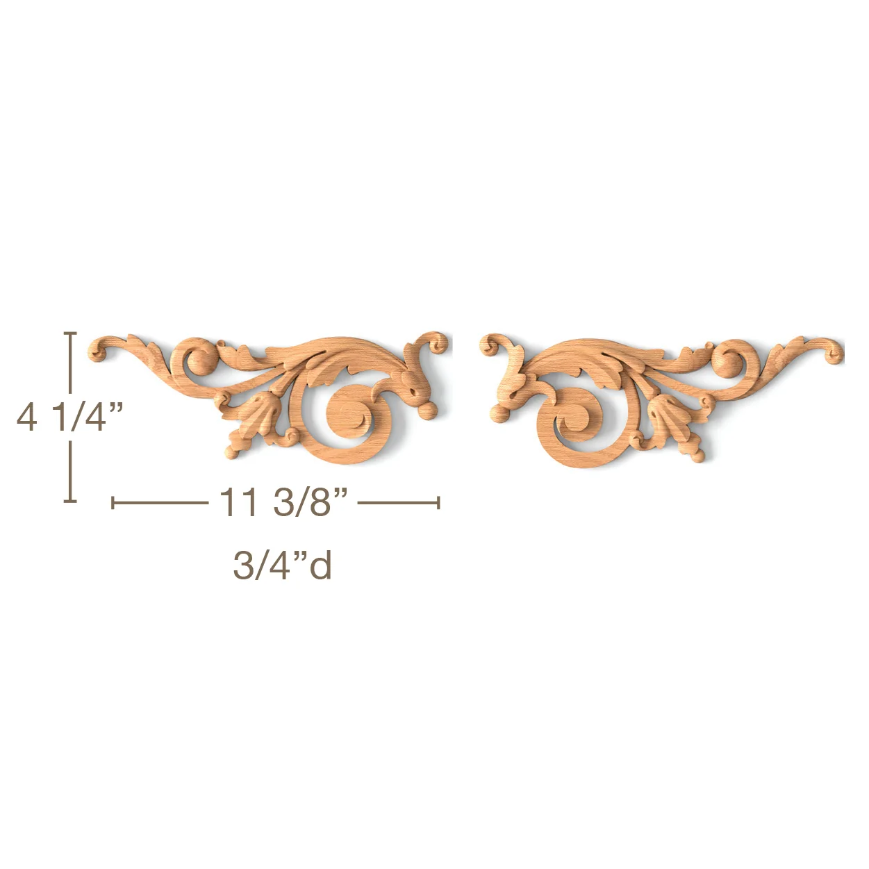 Acanthus Bellflower Scrolls, Left & Right Pair, 11 3/8"w x 4 1/4"h x 3/4"d