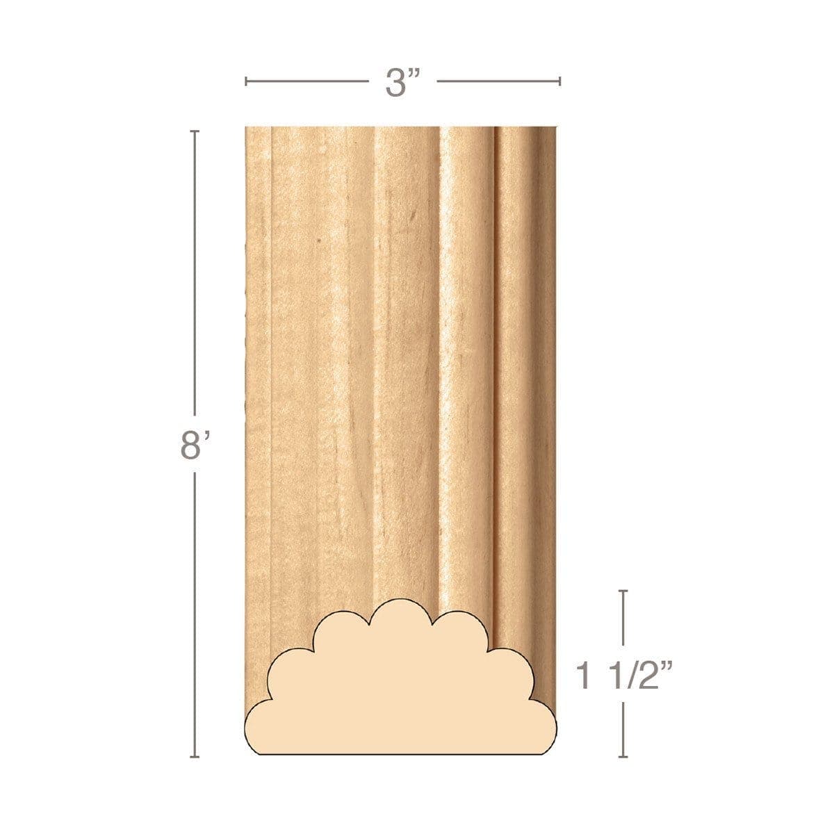 Extra Large Reeded Half Lineal, 3"w x 1 1/2"d x 8' length, Resin is priced per 8' length