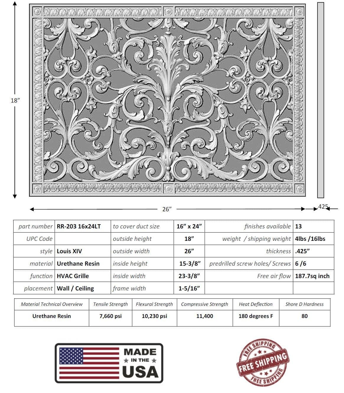 Louis XIV style grille for Duct Size of 16"- Please allow 1-2 weeks. - Image 3