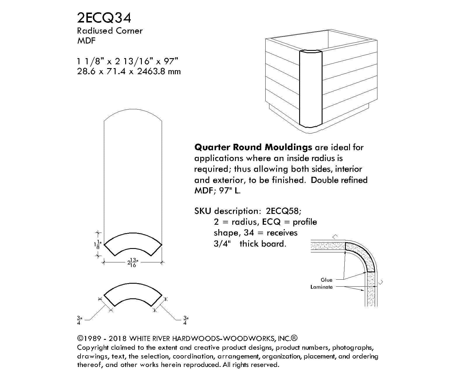 MDF Radius Corners, Econo Qtr Rnd (accepts 3/4" plywood), 2" Radius, 2 13/16"W x 1-1/8"D x 97"L - Image 3