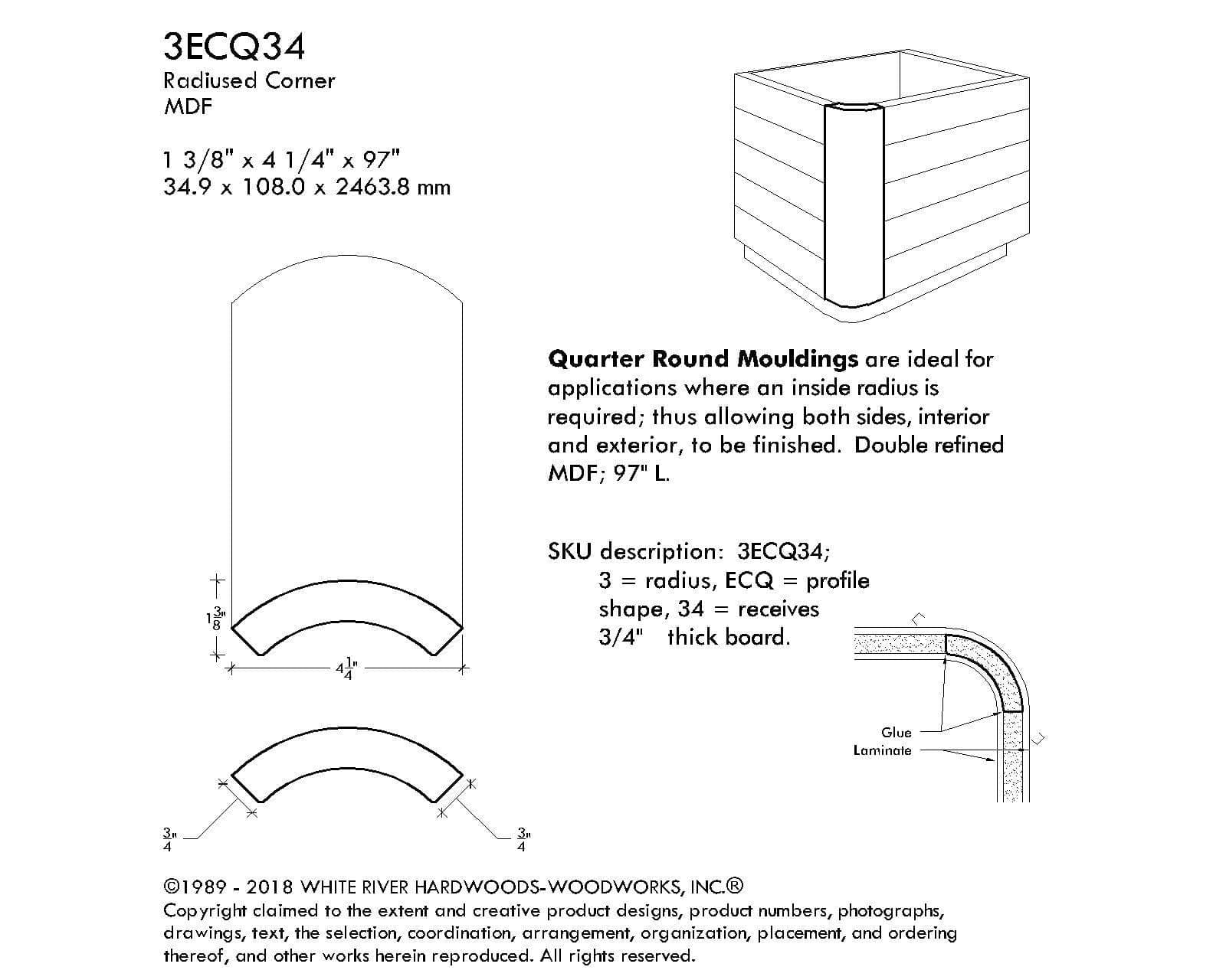MDF Radius Corners, Econo Qtr Rnd (accepts 3/4" plywood), 3" Radius, 4 1/4"W x 1 3/8"D x 97"L - Image 3