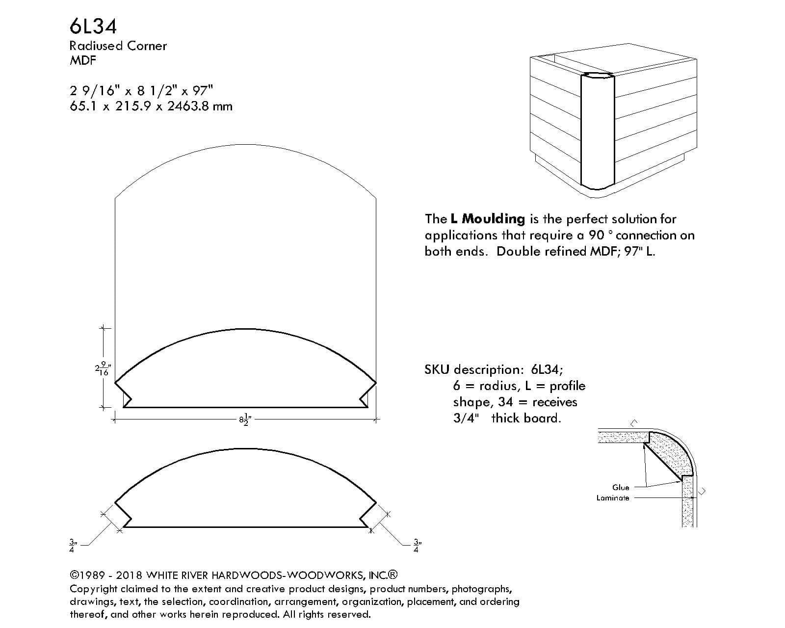 MDF Radius Corners, L Corner (accepts 3/4" plywood), 6" Radius, 8 1/2"W x 2 9/16"D x 97"L - Image 3