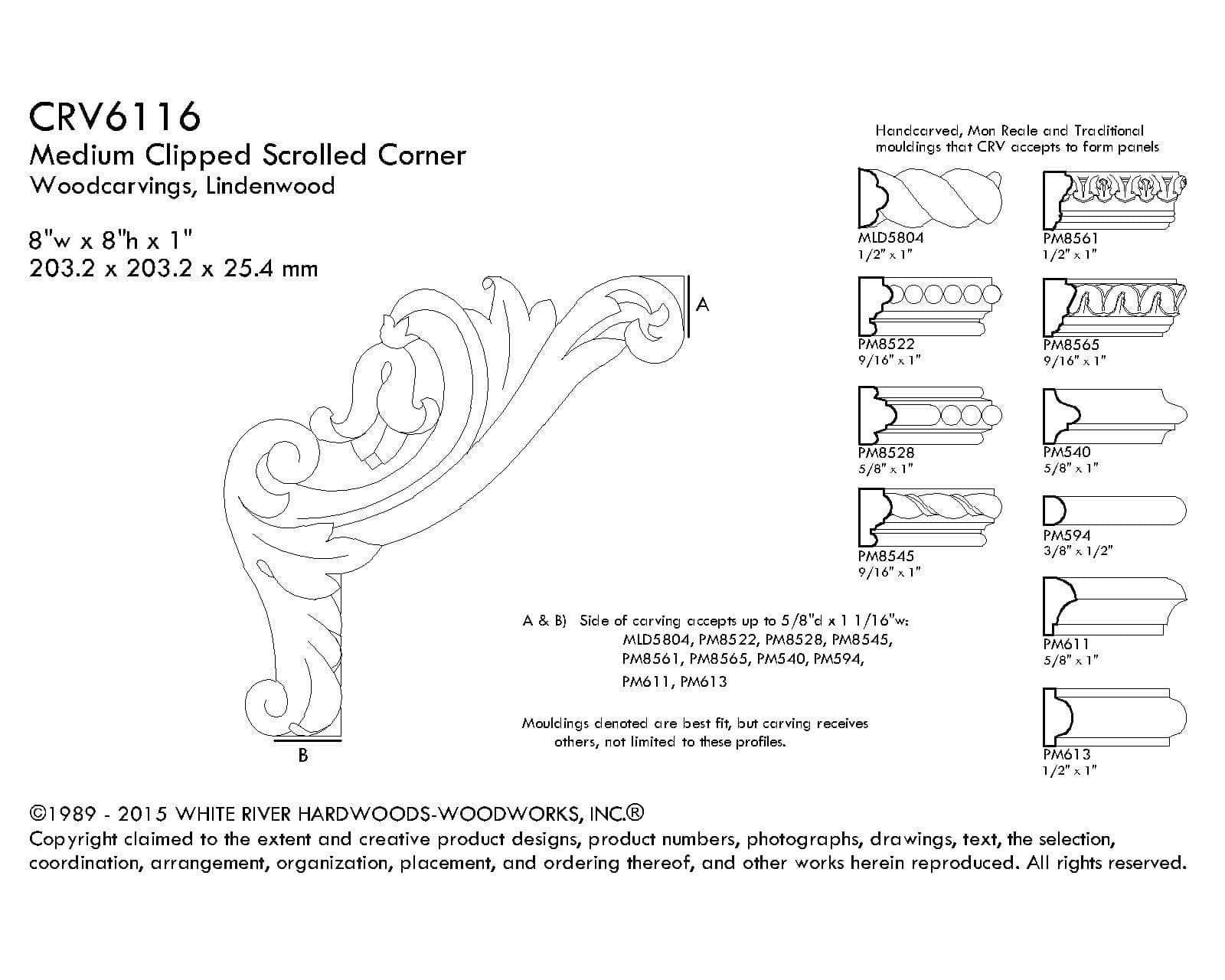Med Clipped Scroll Corners, sold left and right pair /pkg., 8"w 8"h x 1"d - Image 2