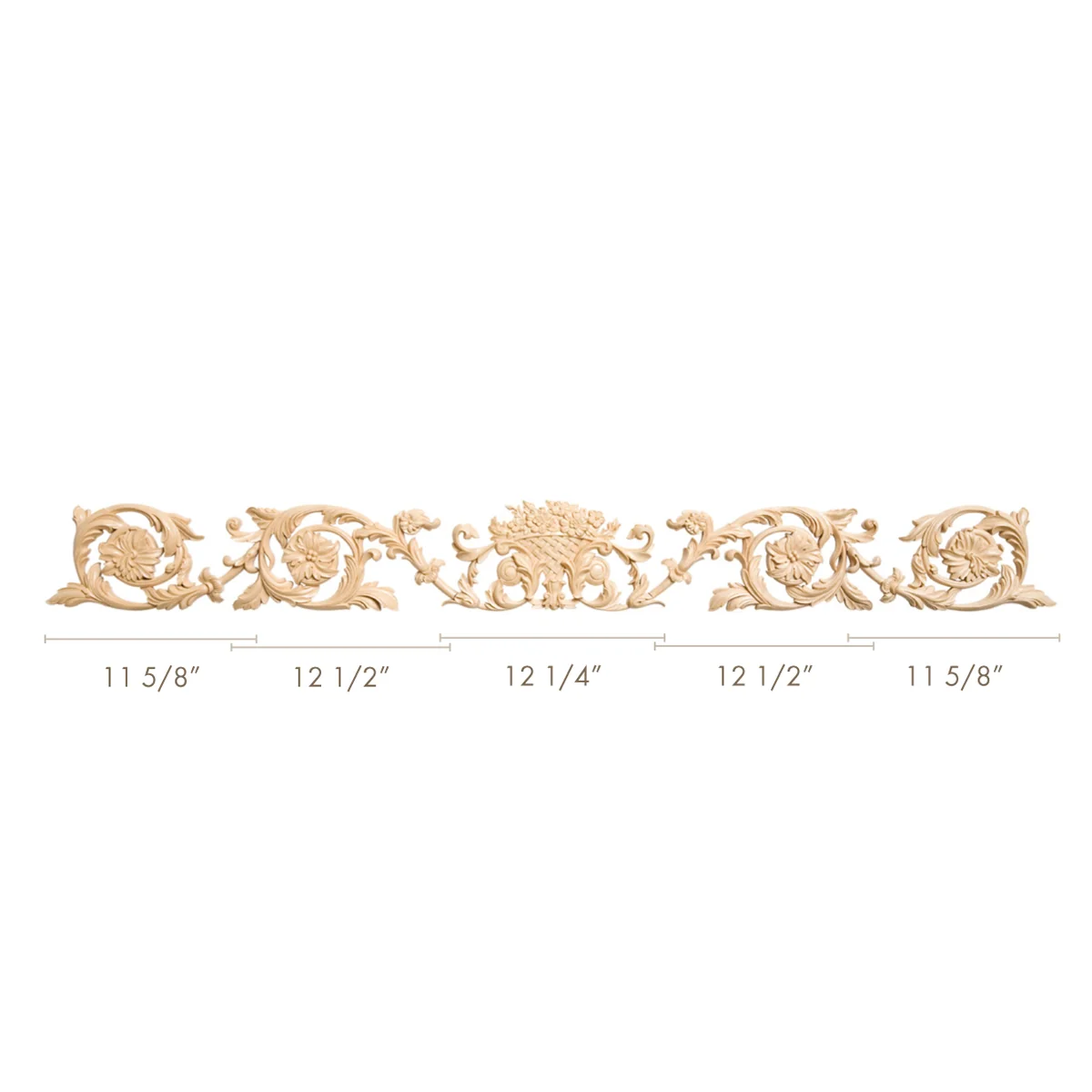 Rinceau Scrolls w/ Floral Basket, 55"w x 6 1/8"h x 13/16"d, Sold as 5 pieces