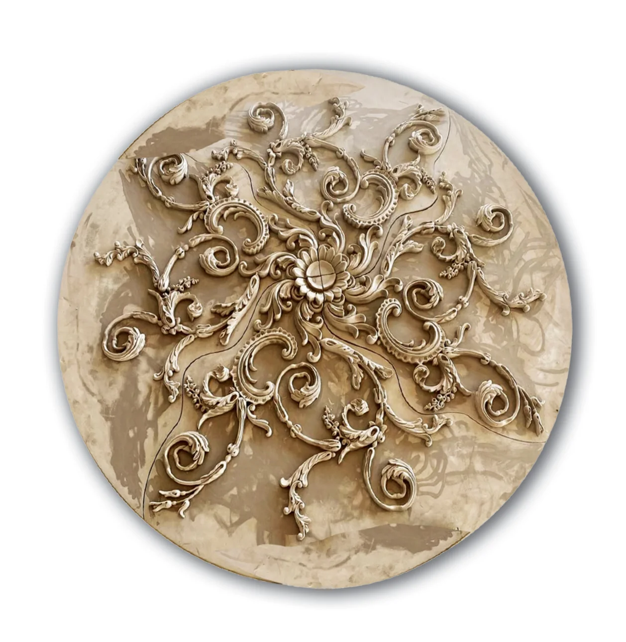 Rinceau Scrolls with Floral Medallion, 60'' dia x 1 1/2"d, 4 pieces, 3'' center hole, Plaster - Image 2