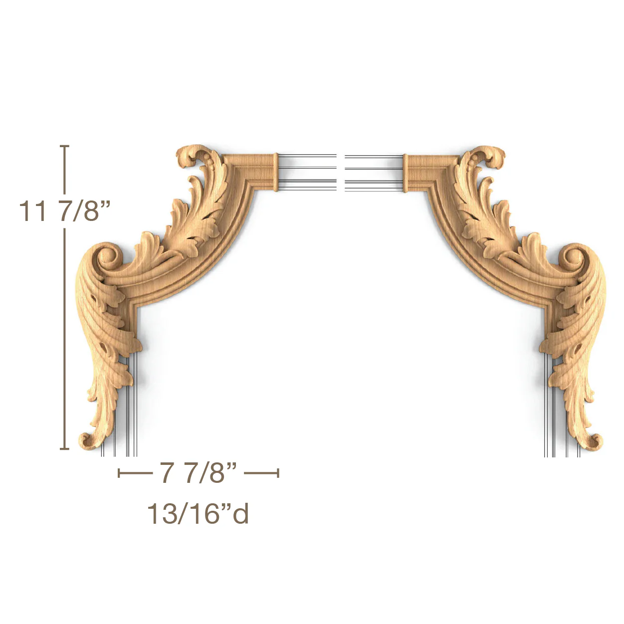 Scrolled Acanthus Corners, 2 Left-Hand (LH) and 2 Right-Hand (RH) pieces, 7 7/8"w x 11 7/8"h x 13/16"d