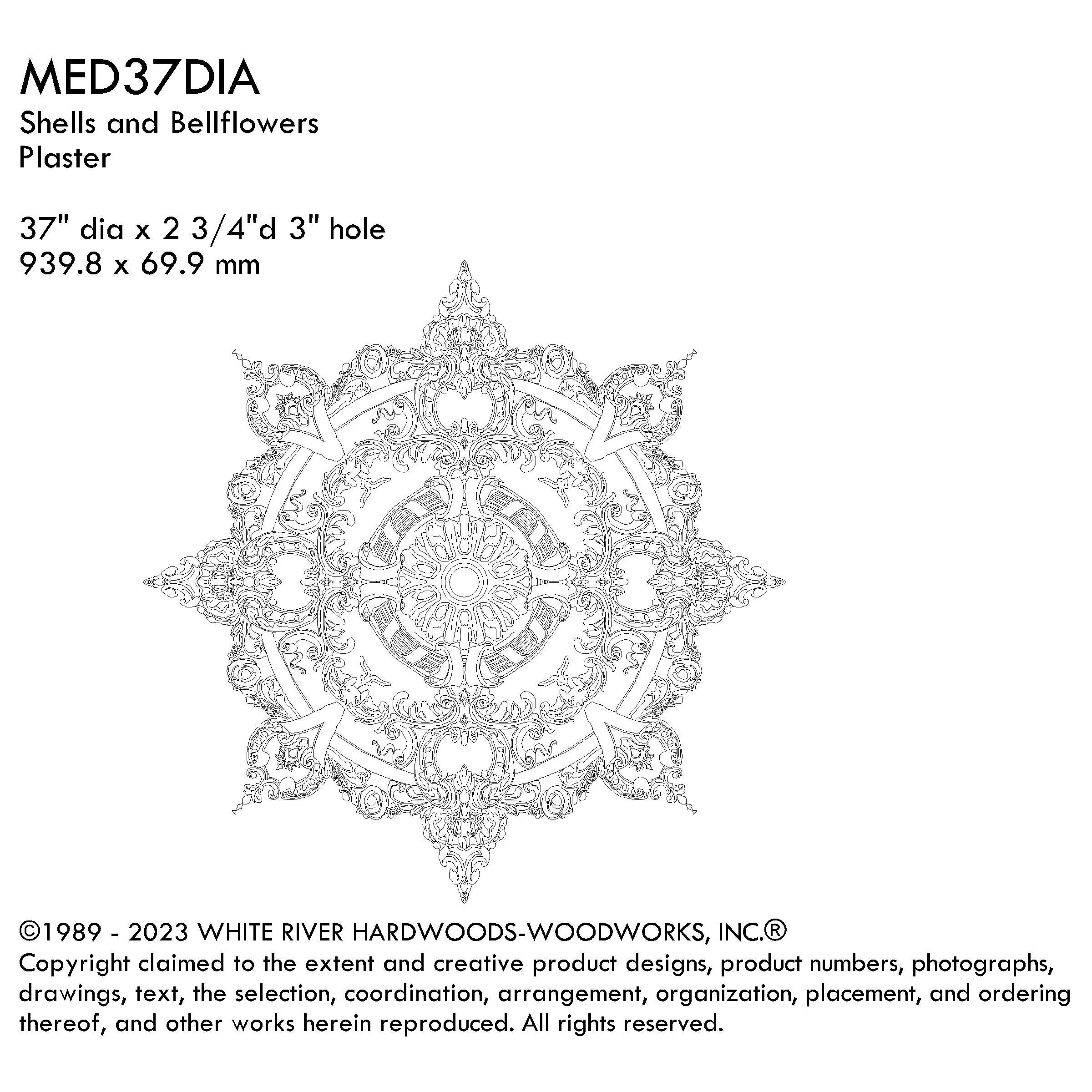 Shells and Bellflowers Medallion, 37'' dia x 2 3/4"d, 1 piece, 3'' center hole, Plaster - Image 3